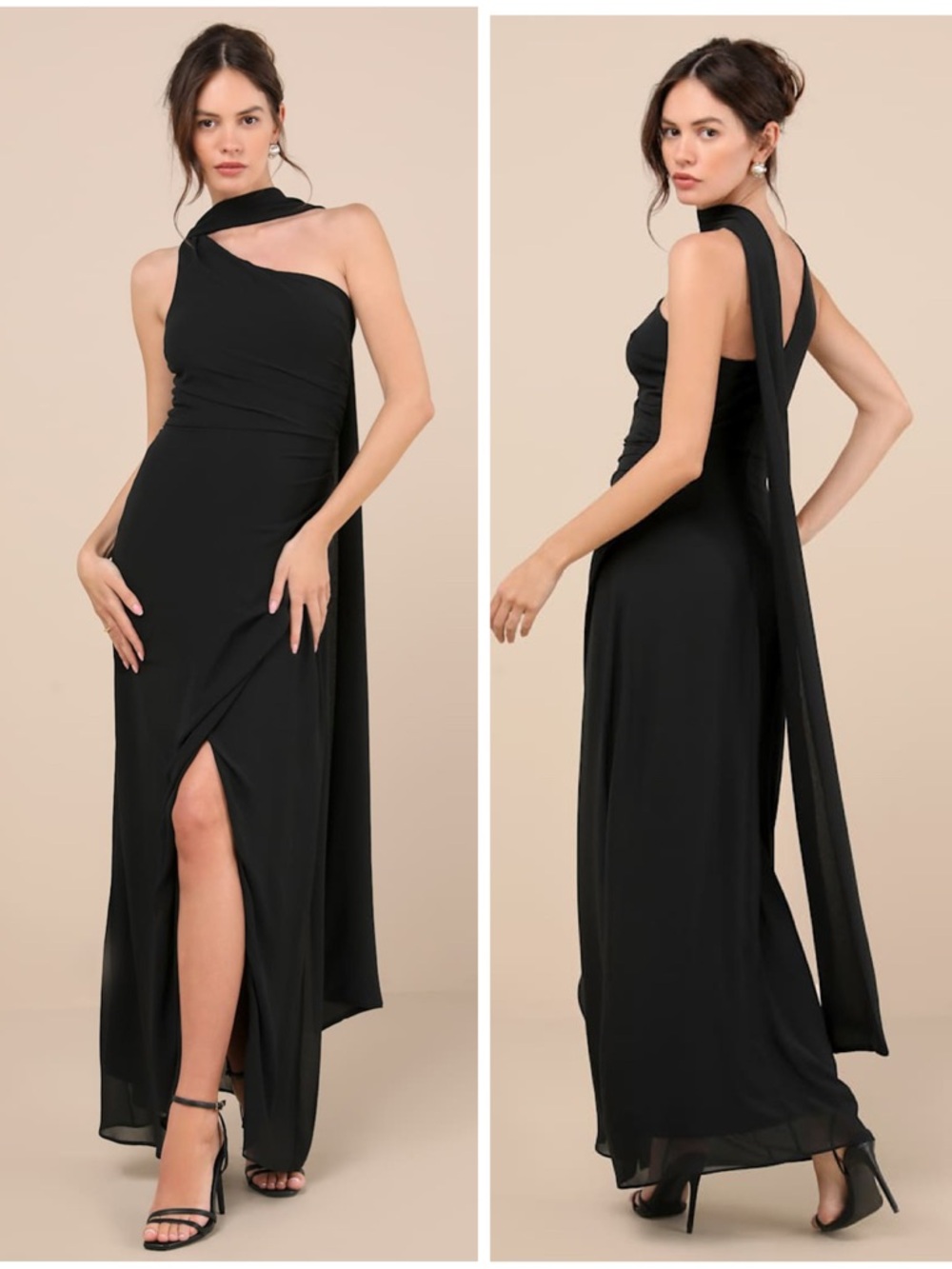 Lulus Adeline Black One-Shoulder Scarf Maxi Dress Size Large NWT Formal Wedding